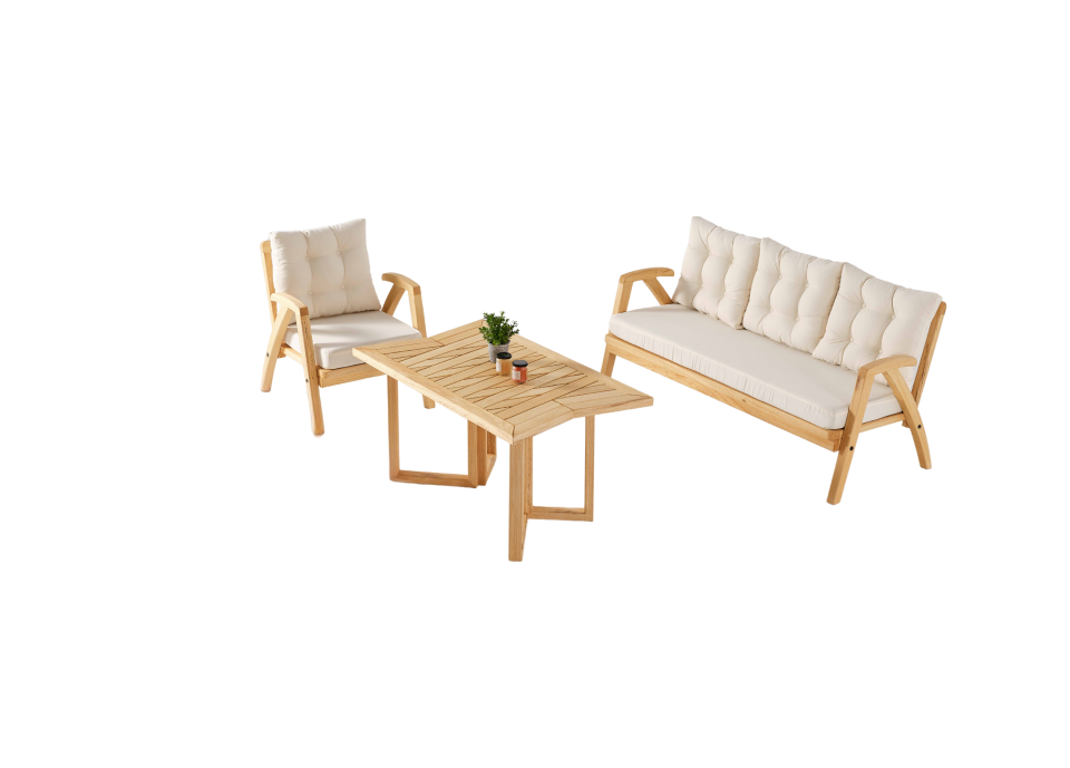 THALİA 3\'lü Doğal Bahçe Mobilyası-Beyaz Minder 3+1+1+MASA Oturma Grubu Bench ve Berjer