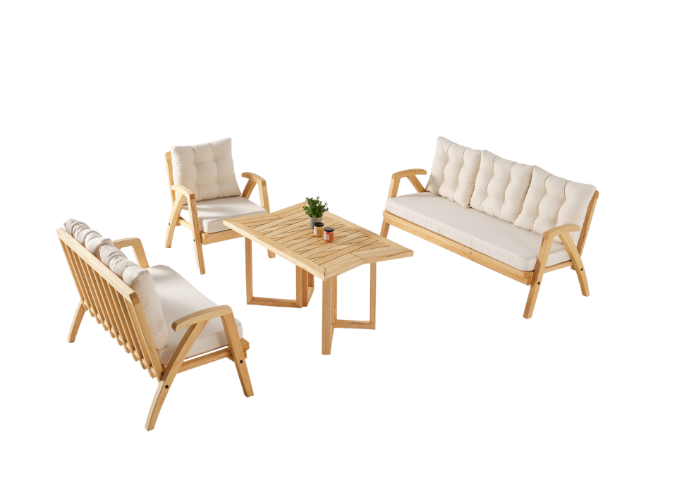 THALİA 3\'lü Doğal Bahçe Mobilyası-Beyaz Minder 3+1+1+MASA Oturma Grubu Bench ve Berjer