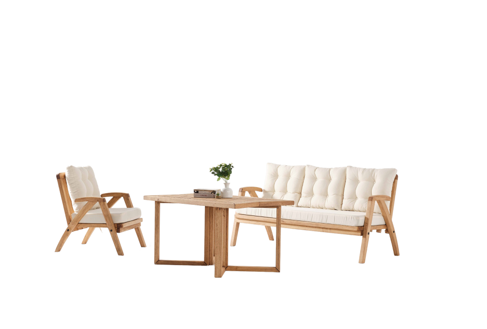 THALİA 3\'lü Kahve Bahçe Mobilyası-Beyaz Minder 3+1+1+MASA Oturma Grubu Bench ve Berjer
