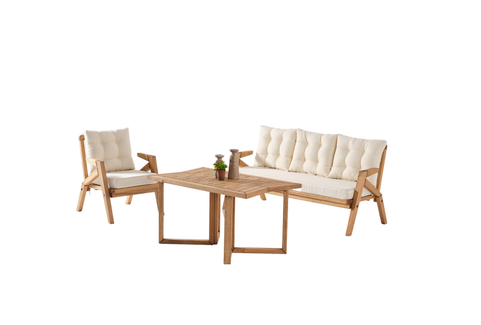 LİORA 3\'lü Kahve Bahçe Mobilyası-Beyaz Minder 3+1+1+MASA Oturma Grubu Bench ve Berjer