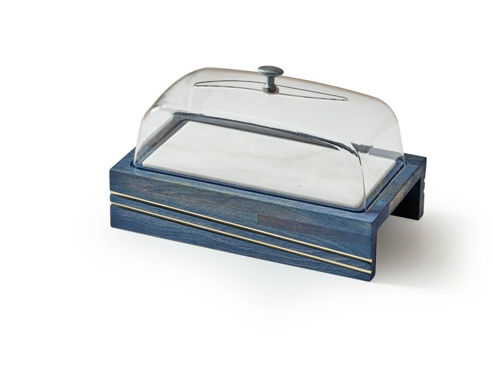 Ahşap Sunum Tabağı - Kapaklı ve Mermer Tabanlı Tasarım Mavi